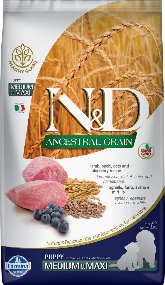 N&D GRAINS ANCESTRAUX Chiot MR & GR Agneau & Myrtille 2.5kg