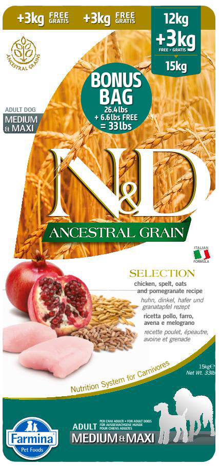 N&D GRAINS ANCESTRAUX Chien MR & GR Poulet & Grenade 15kg