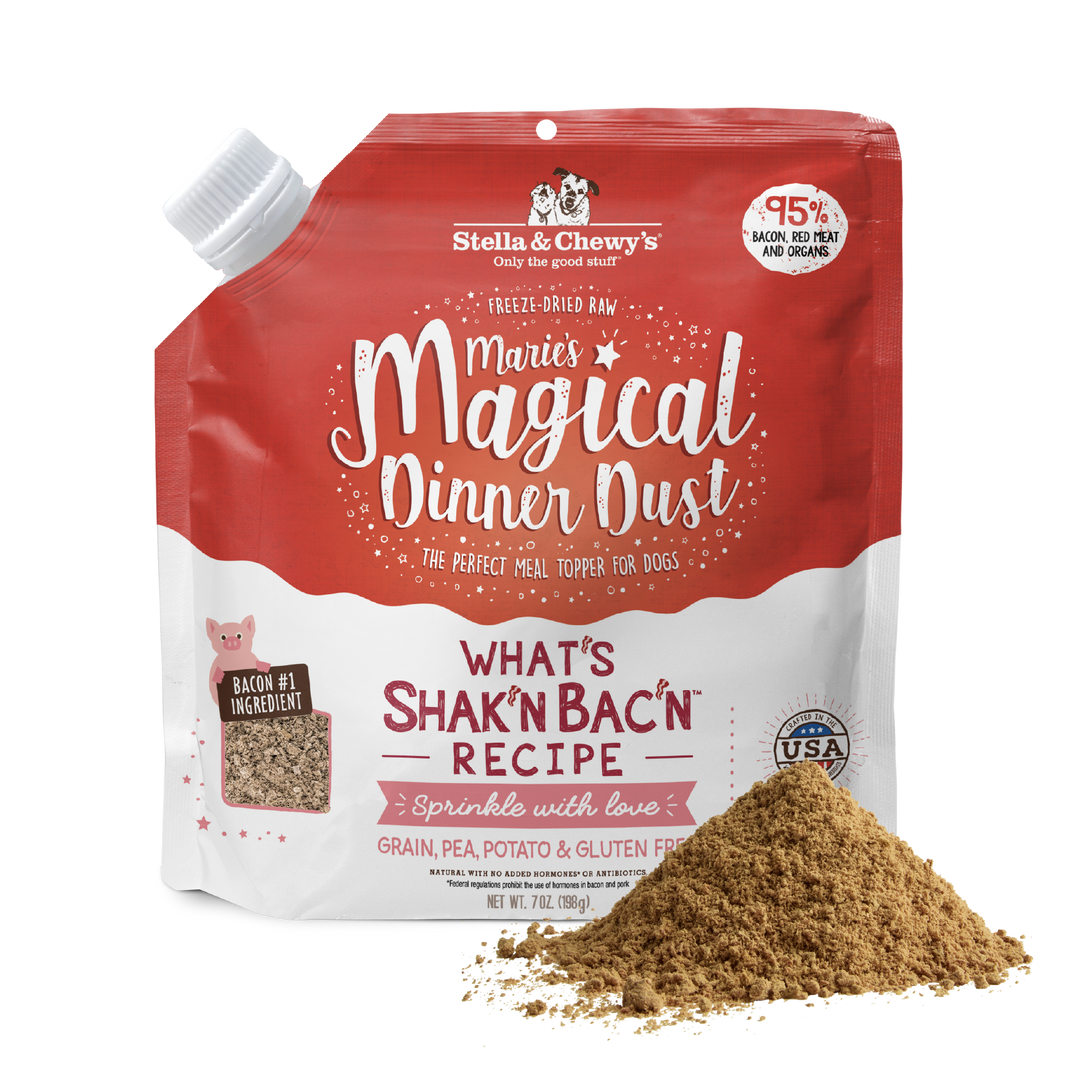 Stella & Chewy's Marie's Magical Dinner Dust - Chien What's Shak'n Bac'n - Garniture Lyophilisée Sans Grains pour Chiens en Pochette