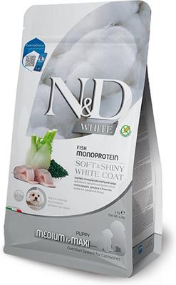 Farmina N&D White (Pelage Blanc) - Bar, Spiruline et Fenouil - Nourriture Sèche Sans Grains pour Chiots Moyennes et Grandes Races