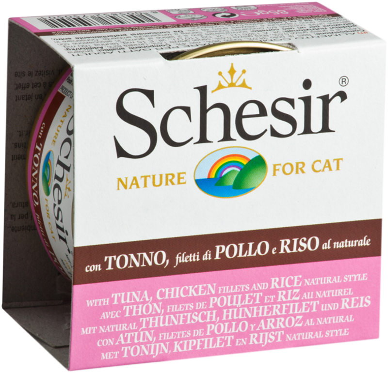 Schesir - Chat Adulte Filets de Poulet, Thon et Riz au Naturel en Eau de Cuisson - Nourriture Humide pour Chats