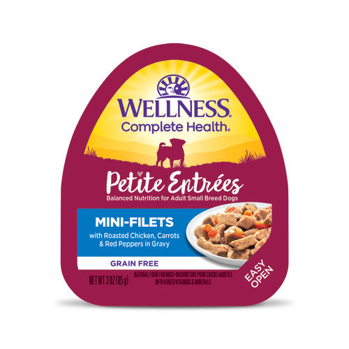 Wellness Petite Entrées - Mini-Filets Poulet Rôti, Carottes et Poivrons Rouges en Sauce - Nourriture Humide Sans Grains pour Chiens de Petites Races