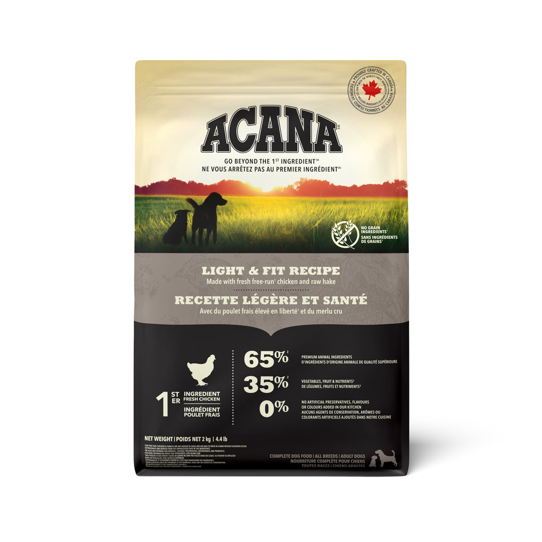 Acana Héritage - Légère et Santé, Poulet Frais Élevé en Liberté et Merlu - Nourriture Sèche Sans Grains pour Chiens Adultes
