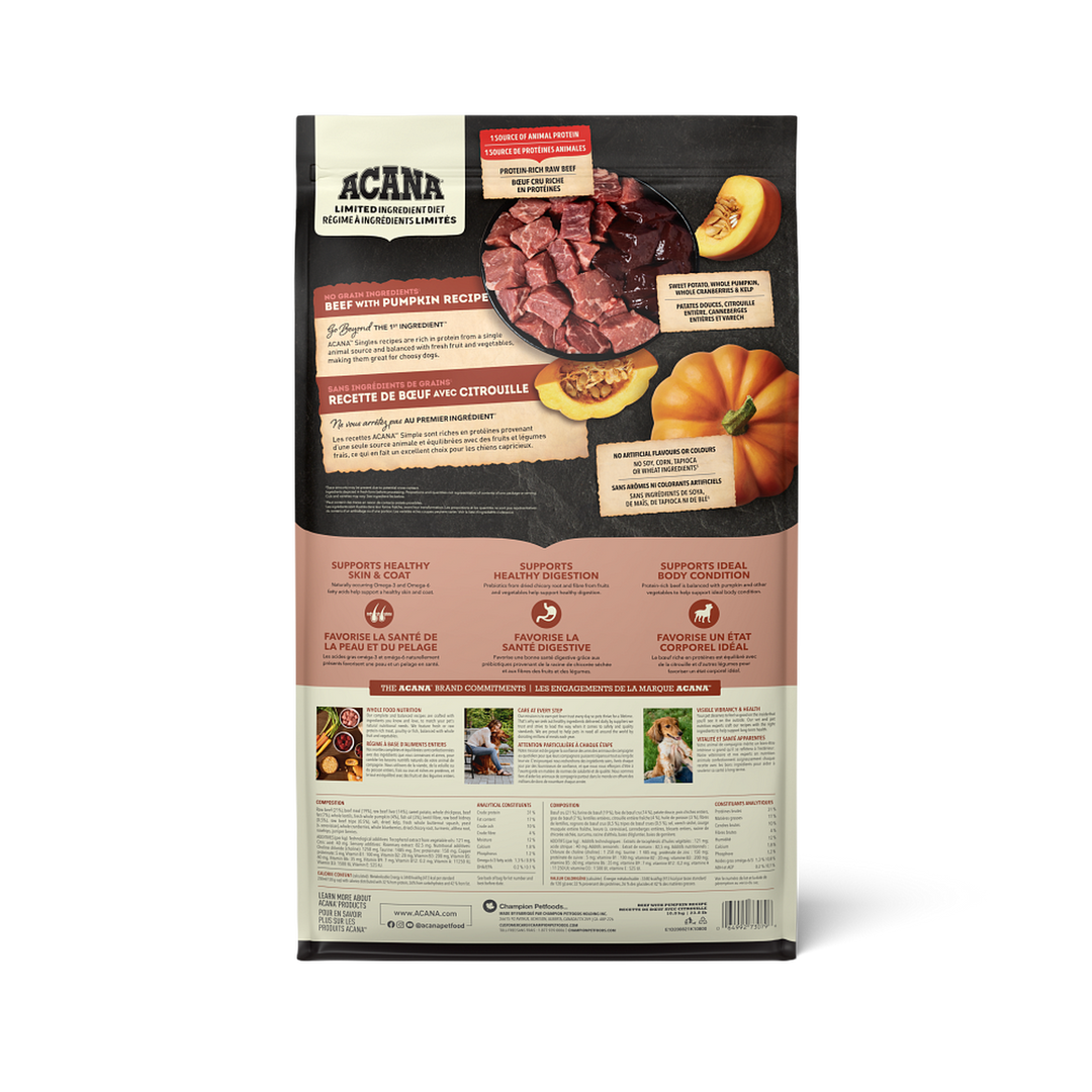 Acana Singles - Boeuf et Citrouille - Nourriture Sèche Sans Grains à Ingrédients Limités pour Chiens