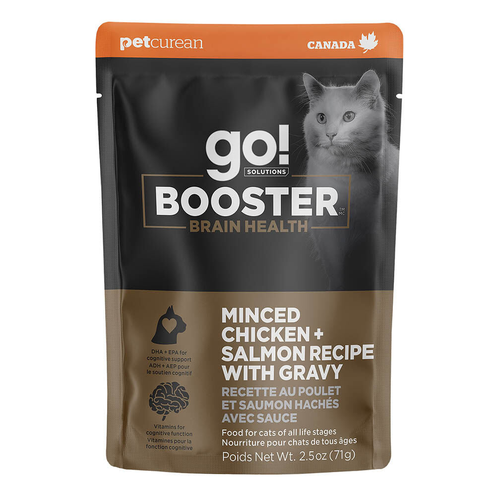 Petcurean Go! Solutions Booster - Chat Santé Cérébrale, Poulet et Saumon Hachés avec Sauce - Nourriture Humide Sans Grains pour Chats