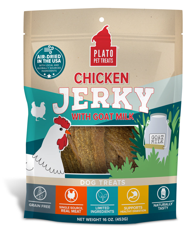 PLATO Gâteries Chien Jerky Poulet, Lait Chèvre & Collagène 453g