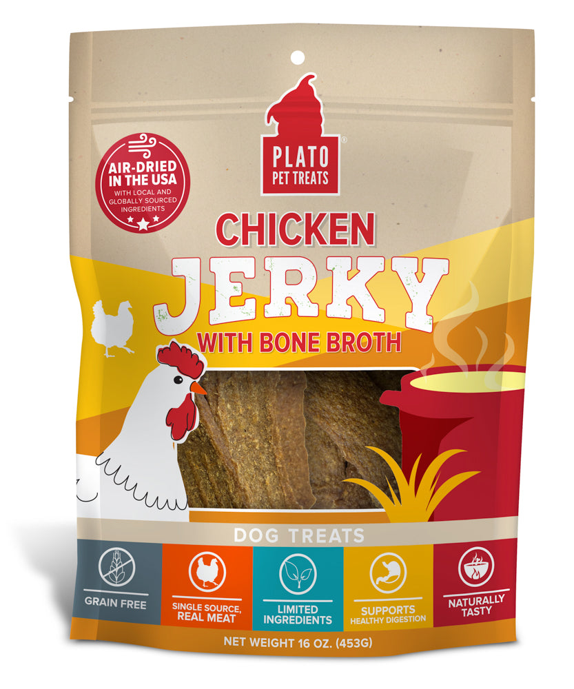 PLATO Gâteries Chien Jerky Poulet & Bouillon d'Os 453g