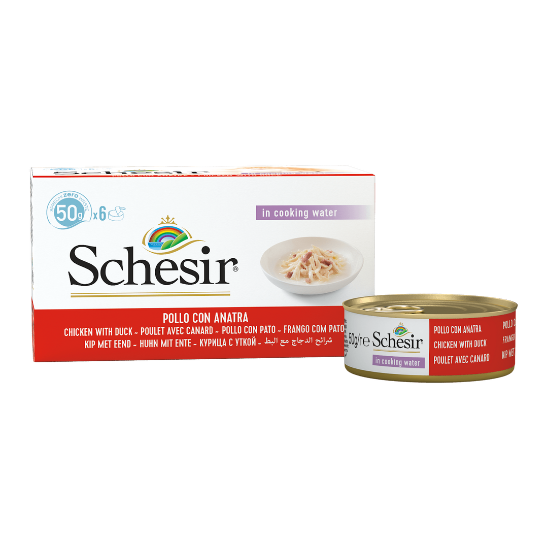 Schesir - Chat Adulte Poulet et Canard au Naturel - Multipak de 6 x 50 g - Nourriture Humide pour Chats