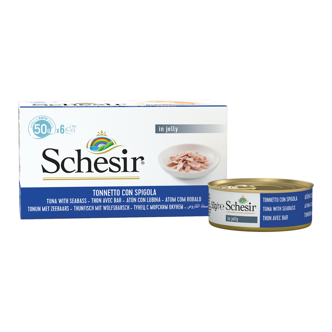 Schesir - Chat Adulte Thon et Bar en Gelée - Multipak de 6 x 50 g - Nourriture Humide pour Chats