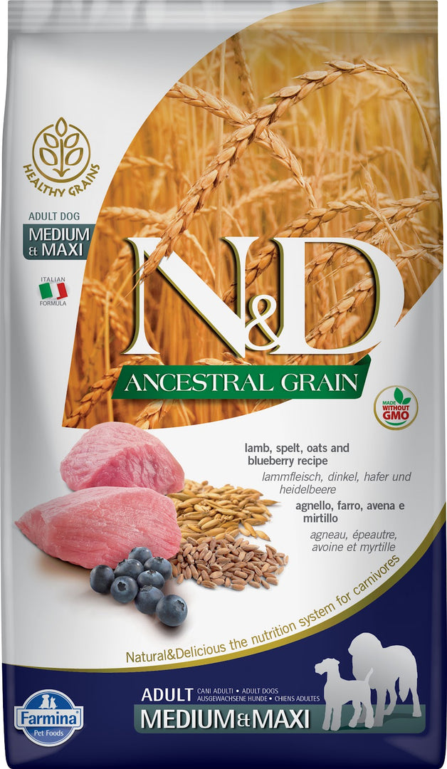 N&D GRAINS ANCESTRAUX Chien MR & GR Agneau & Myrtille 12kg