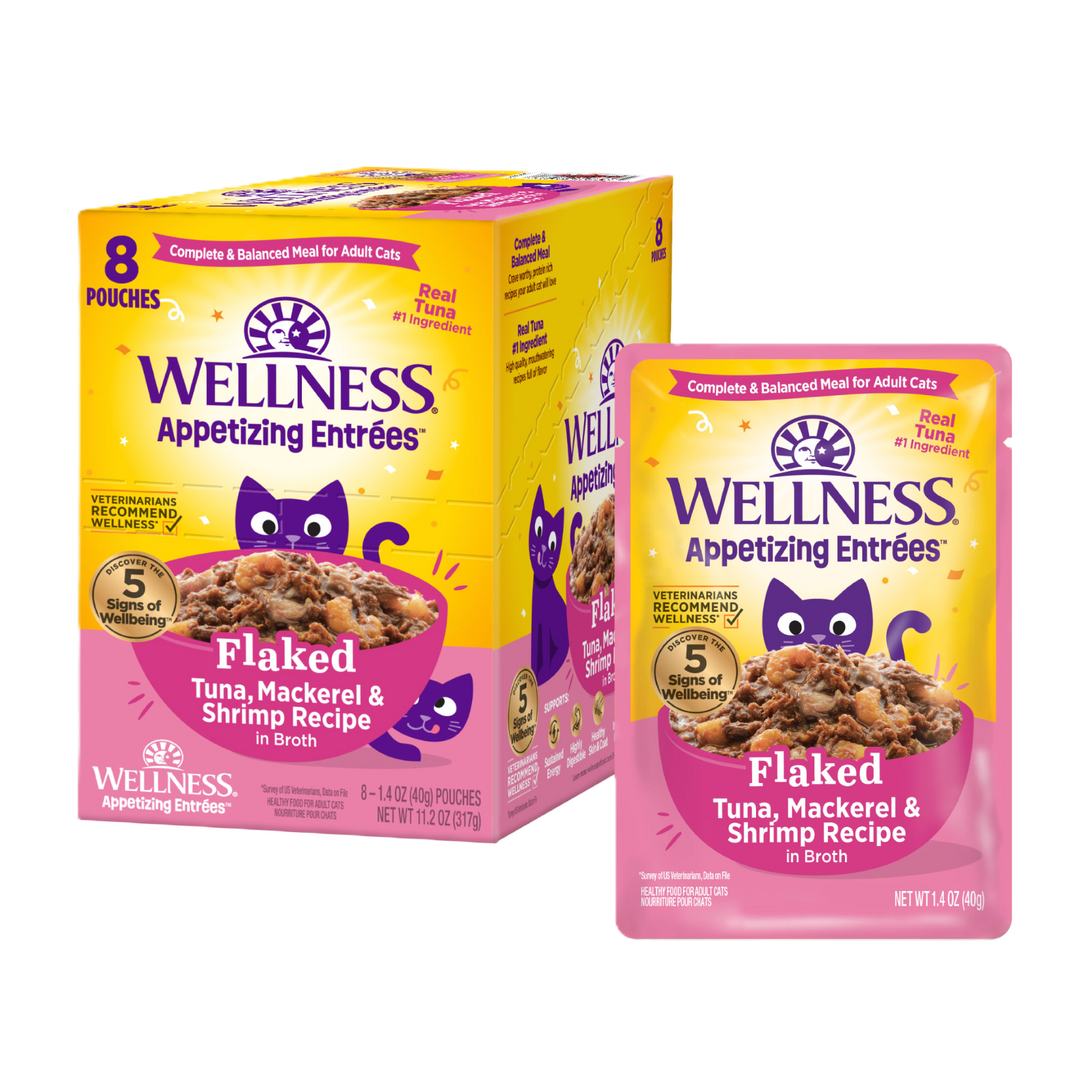Wellness Appetizing Entrees - Thon, Maquereau et Crevettes Émiettés en Bouillon - Nourriture Humide pour Chats Adultes en Sachet