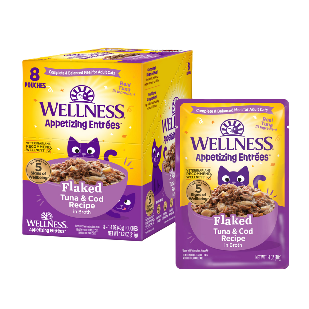 Wellness Appetizing Entrees - Thon Effiloché et Morue - Nourriture Humide Sans Grains pour Chats