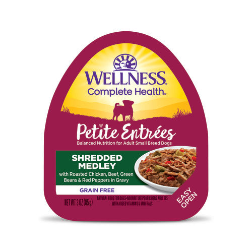 Wellness Petite Entrées - Mélange Effiloché de Poulet Rôti, Boeuf, Haricots Verts et Poivrons Rouge en Sauce - Nourriture Humide Sans Grains pour Chiens de Petites Races