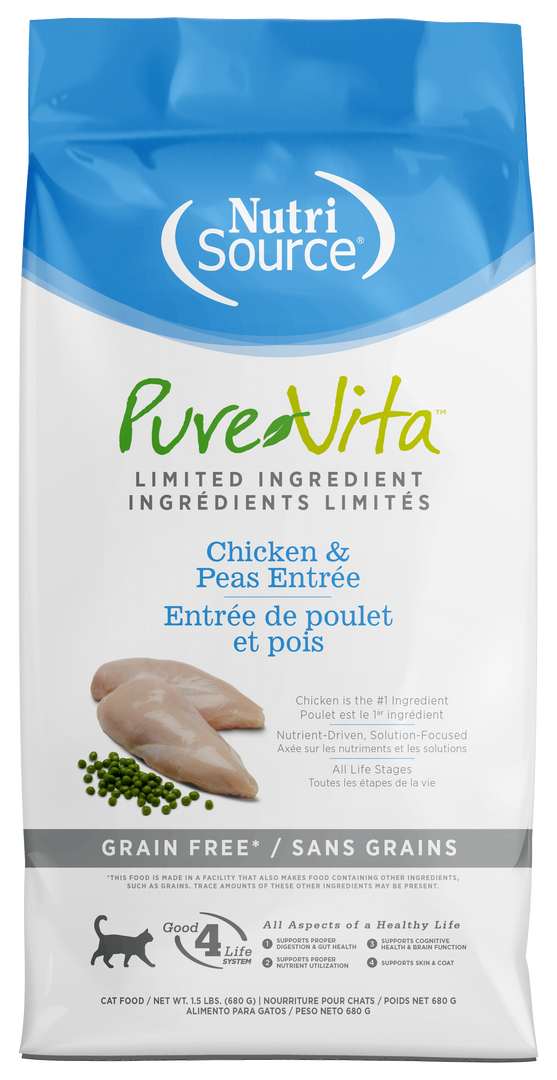 NutriSource PureVita - Chat Poulet et Pois - Nourriture Sèche à Ingrédients Limités Sans Grains pour Chats
