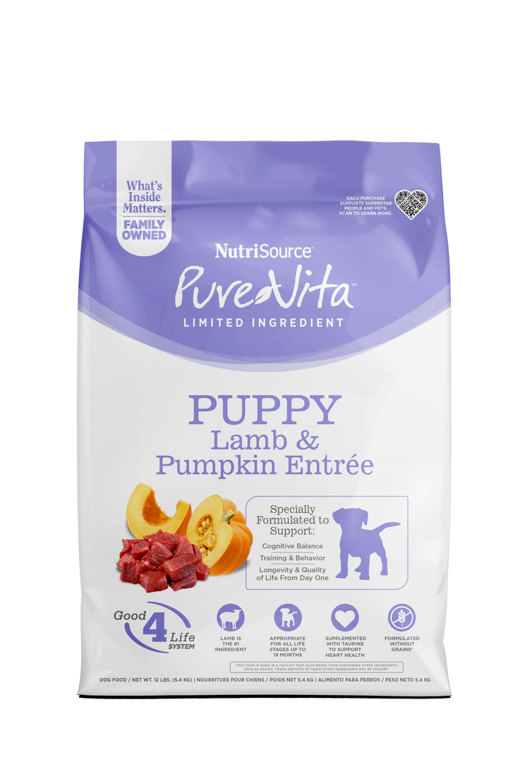 NutriSource PureVita - Chiot Agneau et Citrouille - Nourriture Sèche à Ingrédients Limités Sans Grains pour Chiens