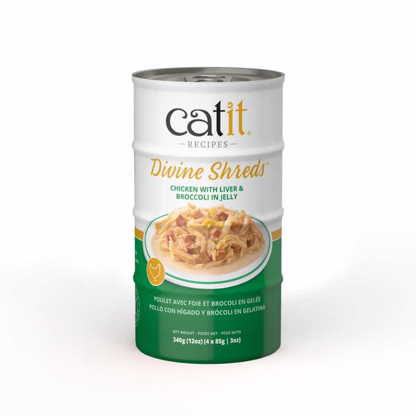 Catit Divine Shreds - Chat Poulet avec Foie et Brocoli en Gelée - Multipack de 4 x 85 g - Nourriture Humide Sans Grains pour Chats