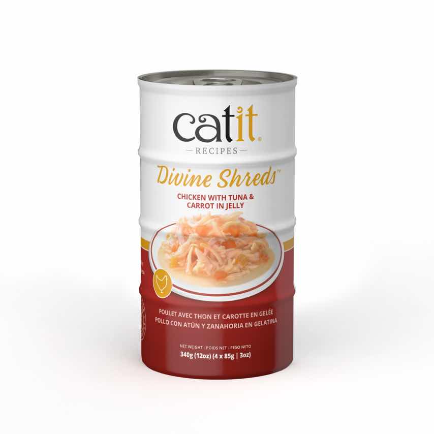 Catit Divine Shreds - Chat Poulet avec Thon et Carotte en Gelée - Multipack de 4 x 85 g - Nourriture Humide Sans Grains pour Chats