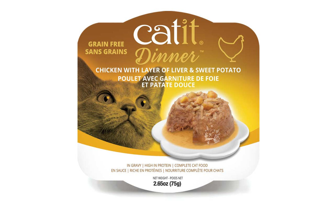 Catit Dinner - Chat Poulet avec Garniture de Foie et Patate Douce en Sauce - Nourriture Humide Sans Grains pour Chats