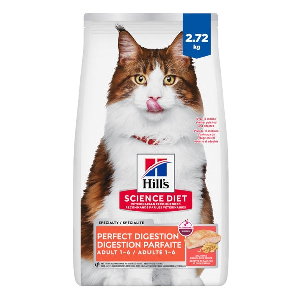 Hill's Science Diet - Digestion Parfaite (Perfect Digestion), Saumon et Riz Brun - Nourriture Sèche pour Chats Adultes 1-6 Ans