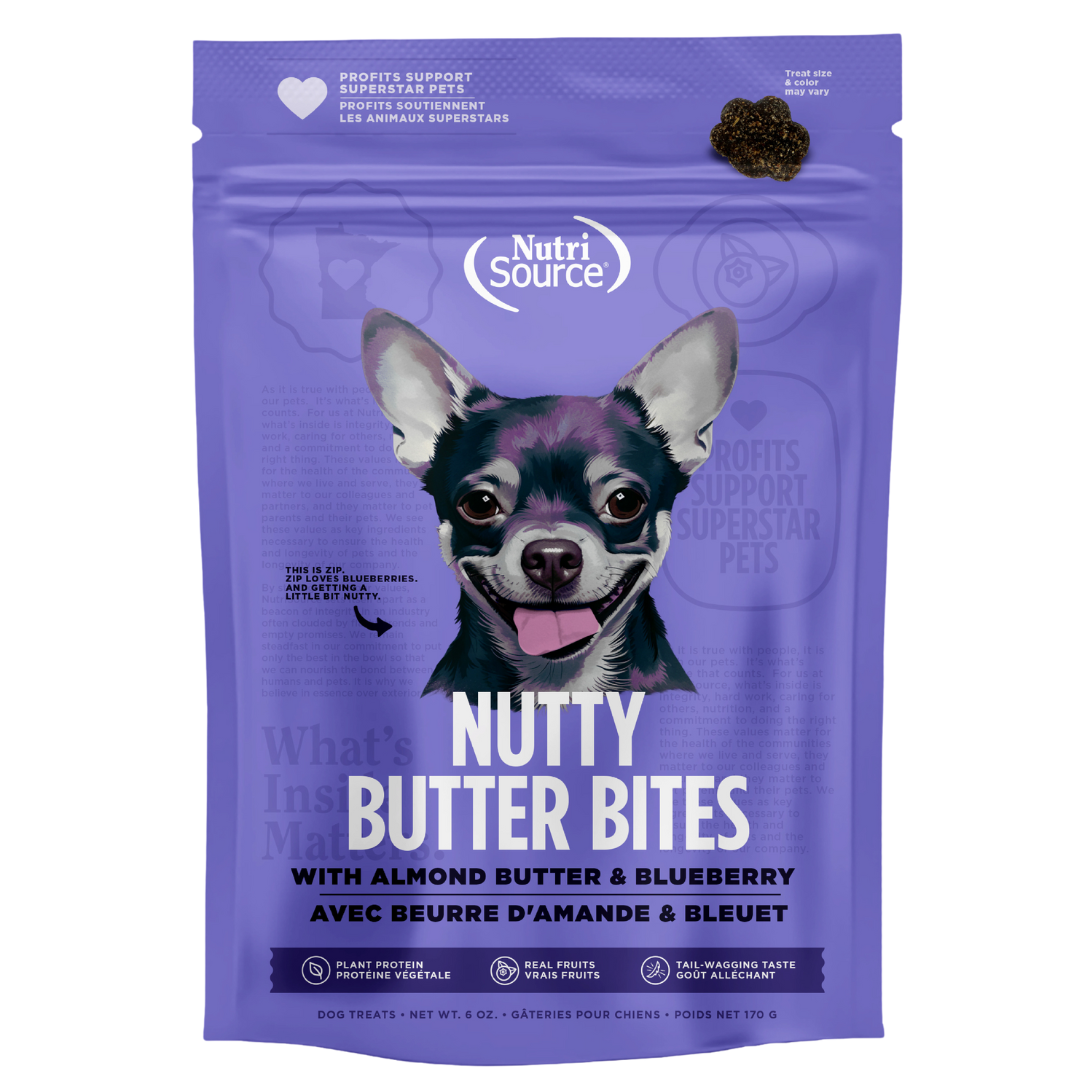 NutriSource Nutty Butter Bites - Beurre d'Amande et Bleuet - Gâteries Sans Grains pour Chiens