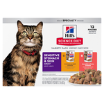 Voir l’image dans la galerie, Hill's Science Diet - Chat Adulte Estomac et Peau Sensible Assortiments de Poulet et Boeuf, Saumon et Thon en Sauce, Boîte de 12 - Nourriture Humide pour Chats en Sachet
