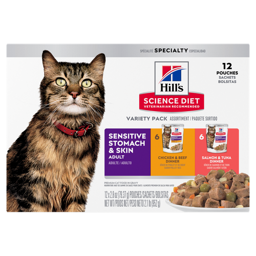 Hill's Science Diet - Chat Adulte Estomac et Peau Sensible Assortiments de Poulet et Boeuf, Saumon et Thon en Sauce, Boîte de 12 - Nourriture Humide pour Chats en Sachet