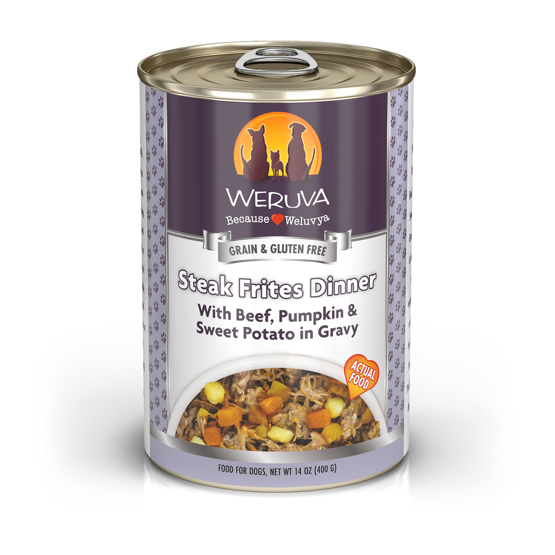 Weruva Classic - Chien "Steak Frites" Boeuf, Citrouille et Patate Douce en Sauce - Nourriture Humide Sans Grains pour Chiens