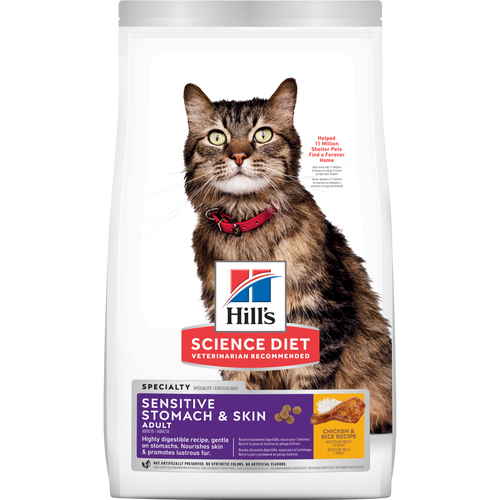 Hill's Science Diet - Estomac et Peau Sensibles, Poulet et Riz Brun - Nourriture Sèche pour Chats Adultes
