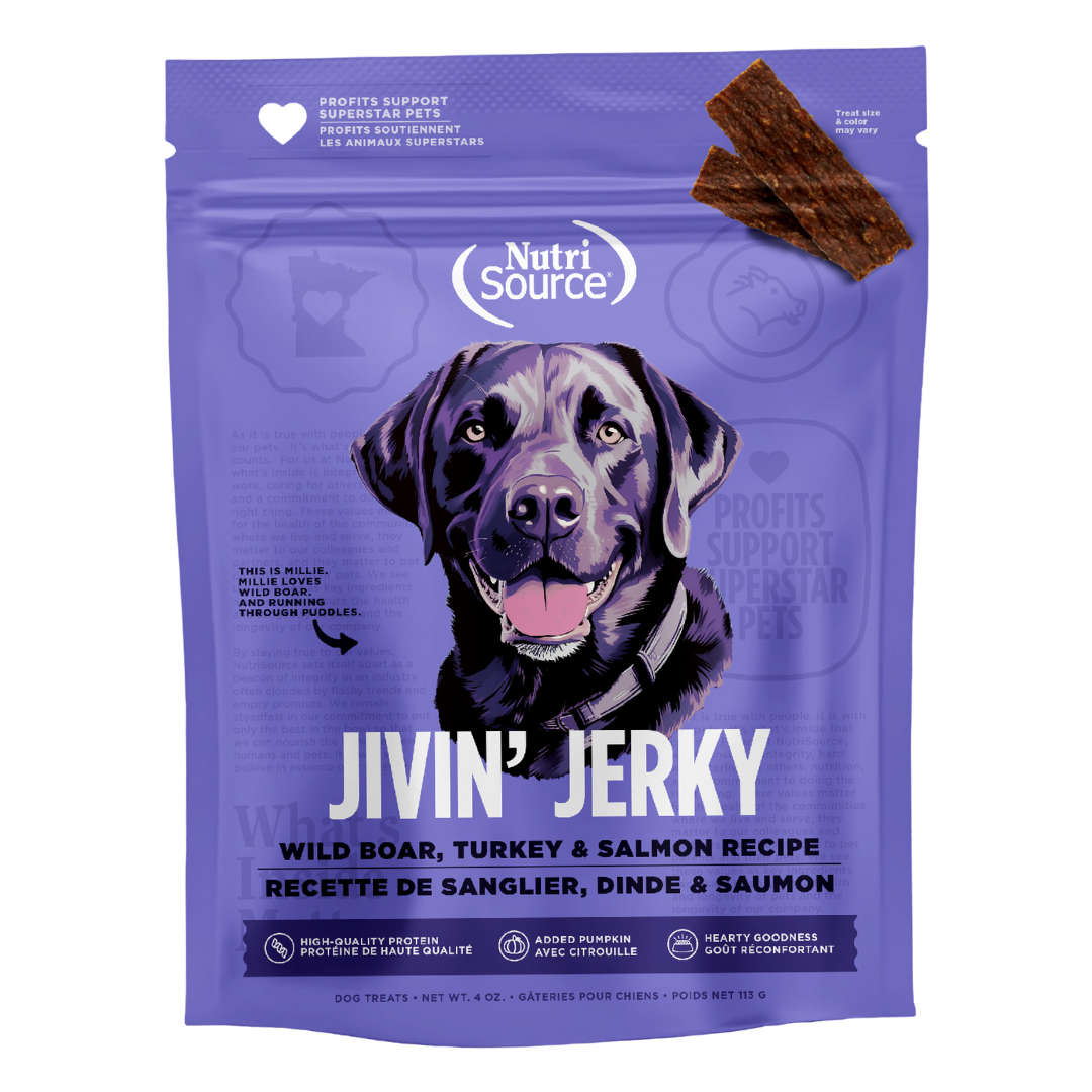 NutriSource - Jerky de Sanglier, Dinde et Saumon - Gâteries Tendres Sans Grains pour Chiens