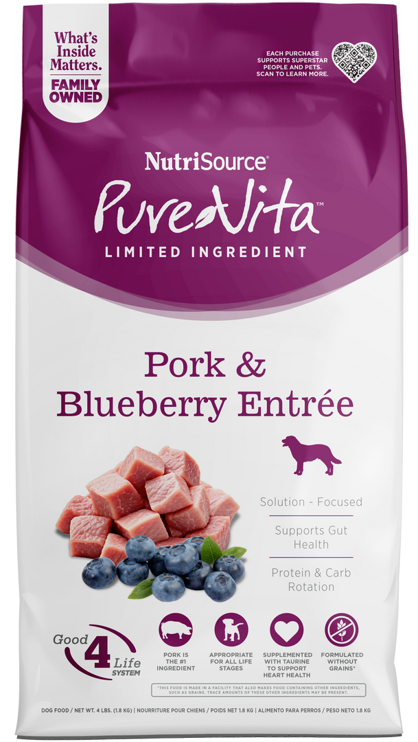 NutriSource PureVita - Chien Porc et Bleuets - Nourriture Sèche à Ingrédients Limités Sans Grains pour Chiens