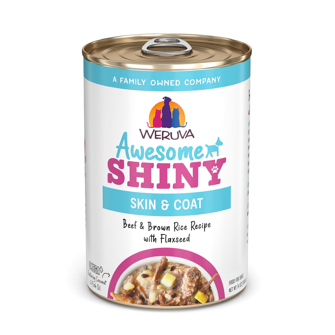 Weruva Functional - Chien "Awesome Shiny" Peau & Pelage Boeuf, Riz Brun et Graines de Lin en Bouillon - Nourriture Humide Sans Grains pour Chiens