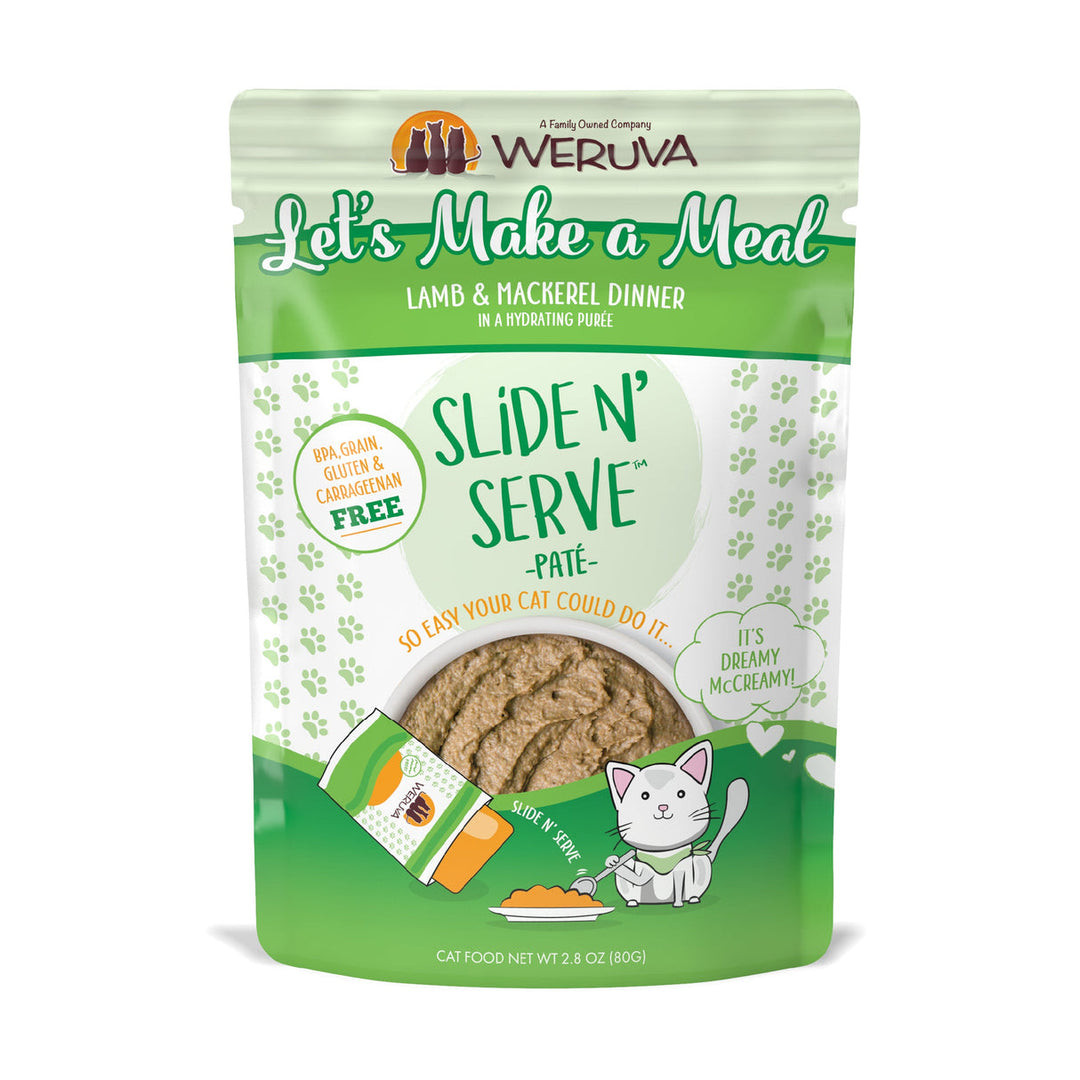 Weruva Slide N' Serve - Let's Make A Meal - Pâté d'Agneau et Maquereau dans une Purée Hydratante - Nourriture Humide Sans Grains pour Chats en Sachet