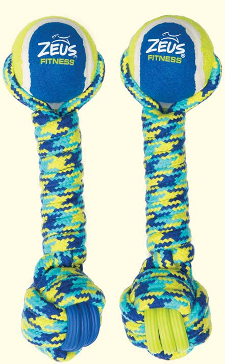 Fitness Zeus - Haltère en Corde et en TPR avec Balle de Tennis 30.5 cm - Jouet à Rapporter ou à Tirer pour Chiens