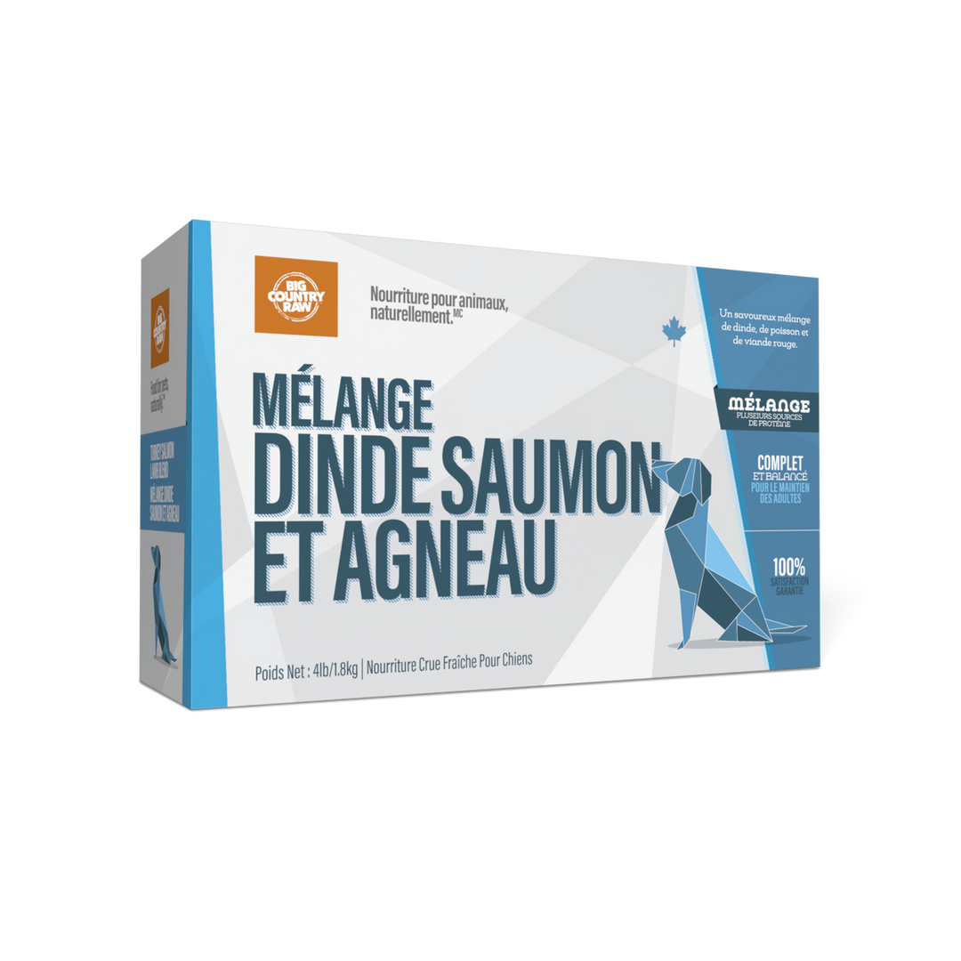 Big Country Raw Signature Blend - Mélange de Dinde, Saumon et Agneau - Nourriture Crue Congelée pour Chiens