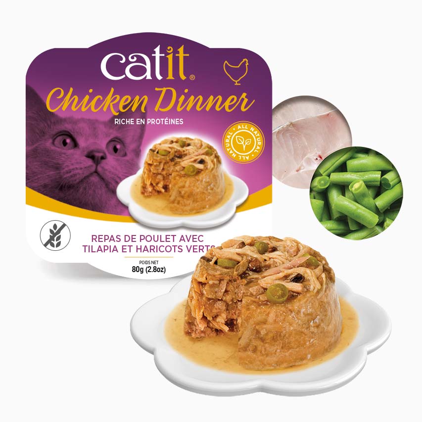 Catit Dinner - Chat Poulet avec Garniture de Tilapia et Haricots Verts en Sauce - Nourriture Humide Sans Grains pour Chats