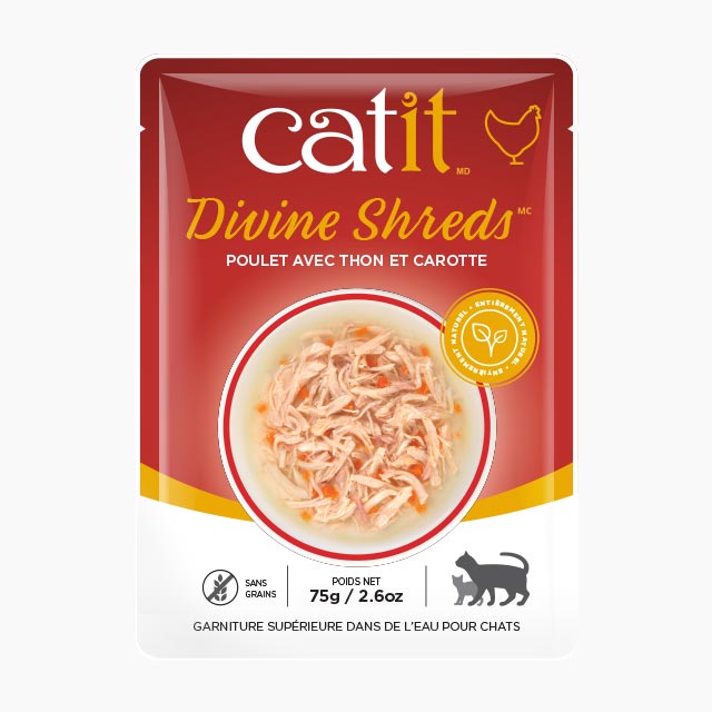 Catit Divine Shreds - Poulet avec Thon et Carotte en Bouillon - Nourriture Humide Sans Grains pour Chats en Sachet