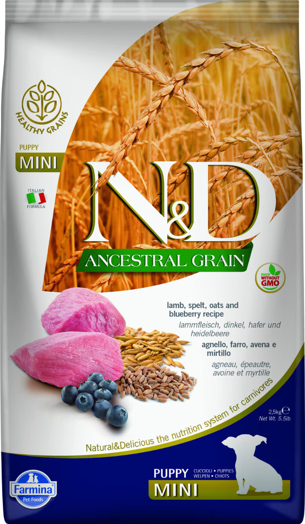 Farmina N&D Grains Ancestraux - Chiot Petite Race Agneau et Myrtille - Nourriture Sèche pour Chiens