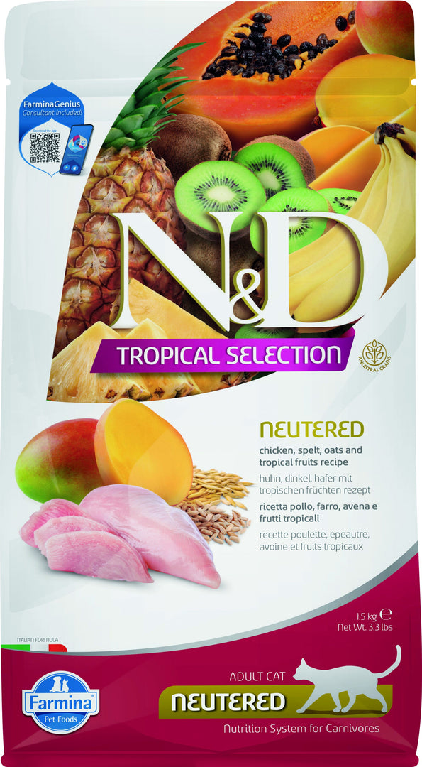 Famina N&D Tropical Selection - Chat Stérilisé Poulet et Fruits Tropicaux - Nourriture Sèche pour Chats