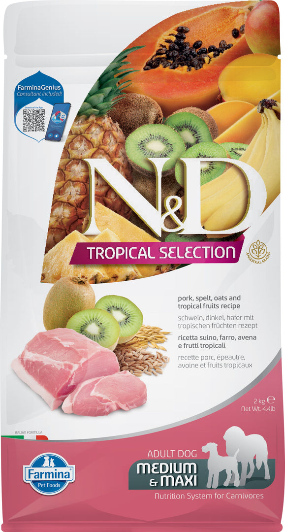 Farmina N&D Tropical Selection - Porc, Épeautre, Avoine et Fruits Tropicaux - Nourriture Sèche pour Chiens de Moyennes et Grandes Races