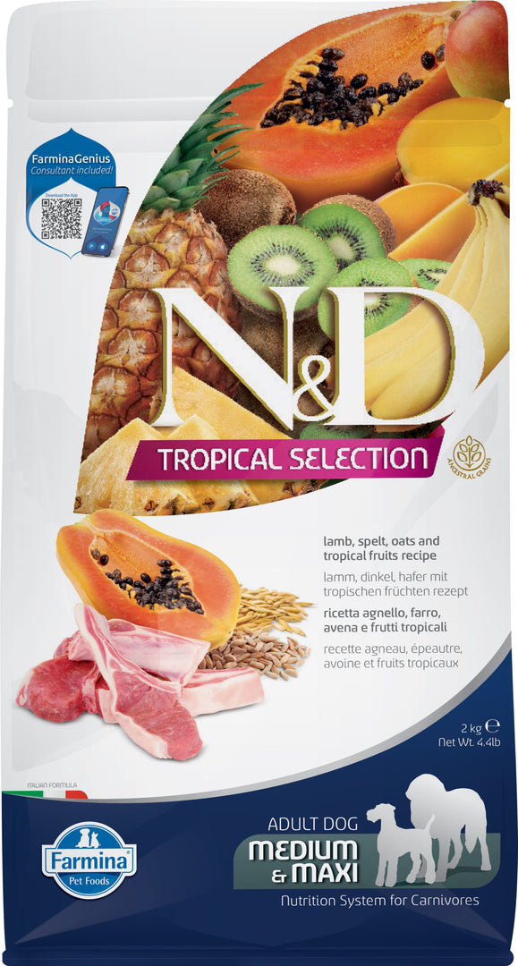 Farmina N&D Tropical Selection - Agneau, Épeautre, Avoine et Fruits Tropicaux - Nourriture Sèche pour Chiens de Moyennes et Grandes Races