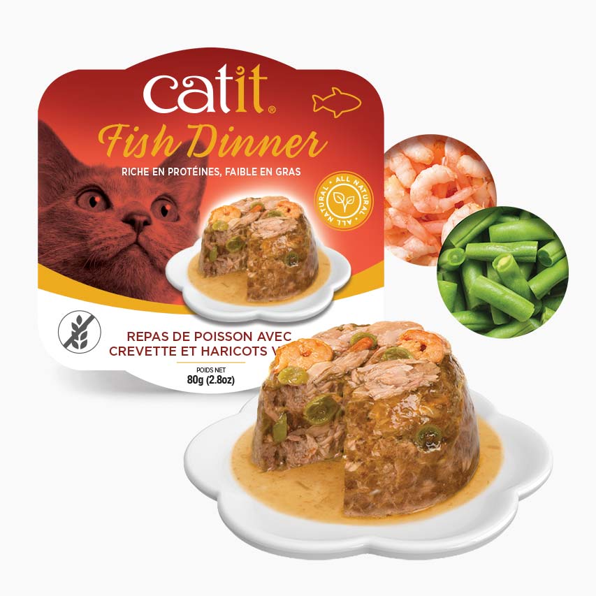 Catit Dinner - Poisson avec Garniture de Crevettes et Haricots Verts en Sauce - Nourriture Humide Sans Grains pour Chats