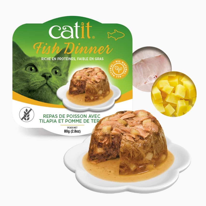 Catit Dinner - Chat Poison avec Garniture de Tilapia et Pommes de Terre en Sauce - Nourriture Humide Sans Grains pour Chats