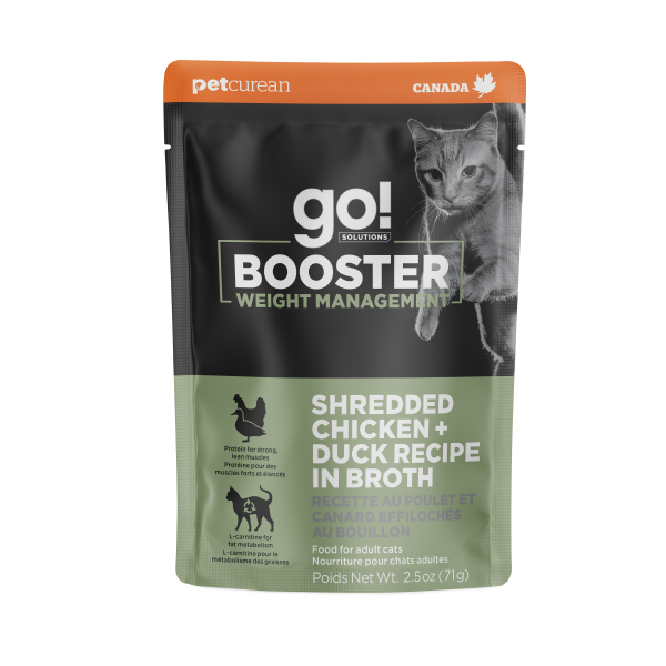 Petcurean Go! Solutions Booster - Chat Contrôle du Poids, Poulet et Canard Éffilochés au Bouillon - Nourriture Humide Sans Grains pour Chats