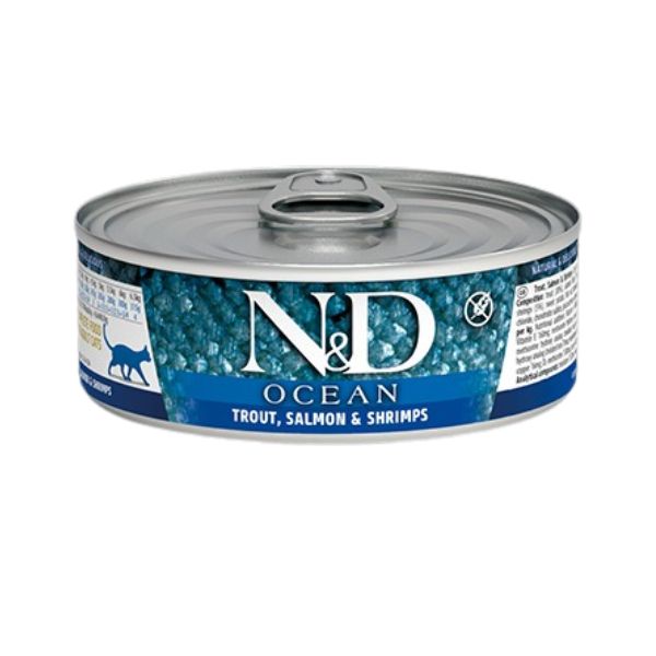 Famina N&D Océan - Chat Truite, Saumon et Crevettes - Nourriture Humide Sans Grains pour Chats