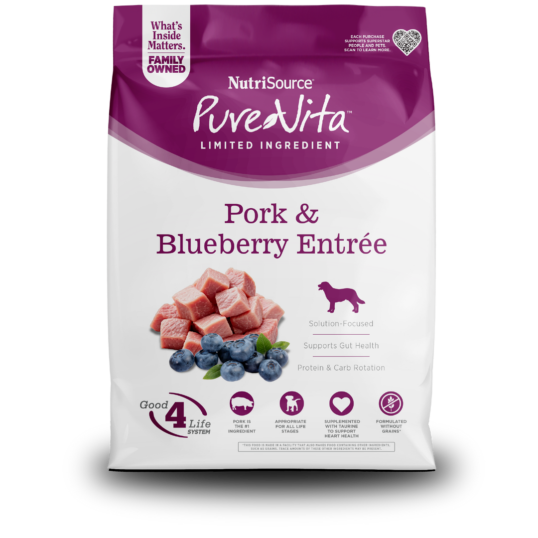 NutriSource PureVita Sans Grains - Porc et Bleuets - Nourriture Sèche à Ingrédients Limités pour Chiens