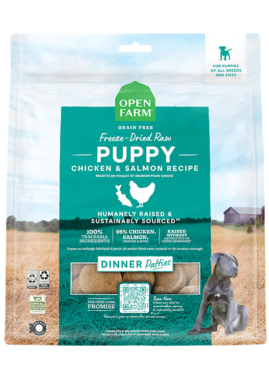 Open Farm - Chiot Galettes de Poulet et Saumon - Nourriture Sèche Lyophilisée Sans Grains pour Chiens