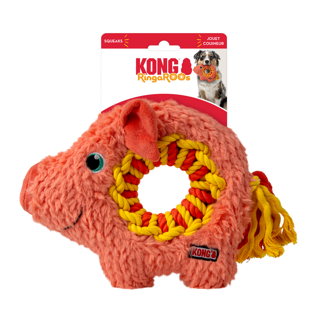 Kong - Ringaroos Cochon - Jouet Interactif en Peluche avec Couineur pour Chiens