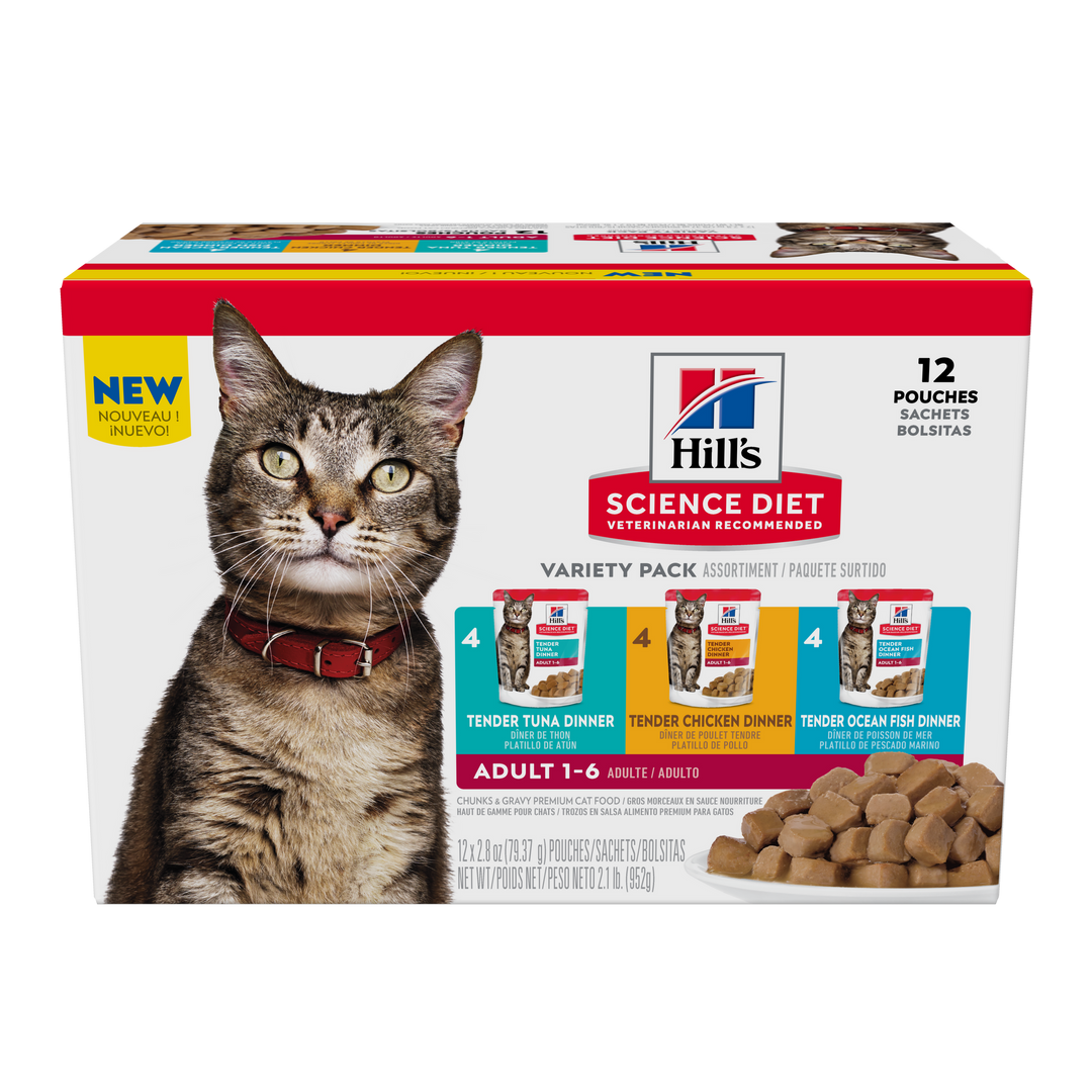 Hill's Science Diet - Chat Adulte Assortiments de Poulet, Thon et Poisson de l'océan en Sauce, Boîte de 12 - Nourriture Humide pour Chats en Sachet