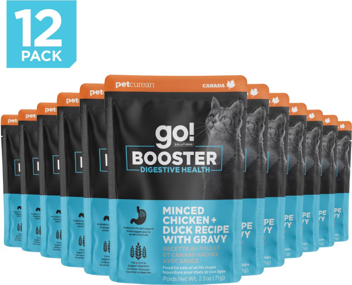Petcurean Go! Solutions Booster - Chat Santé Digestive, Poulet et Canard Hachés avec Sauce - Nourriture Humide Sans Grains pour Chats