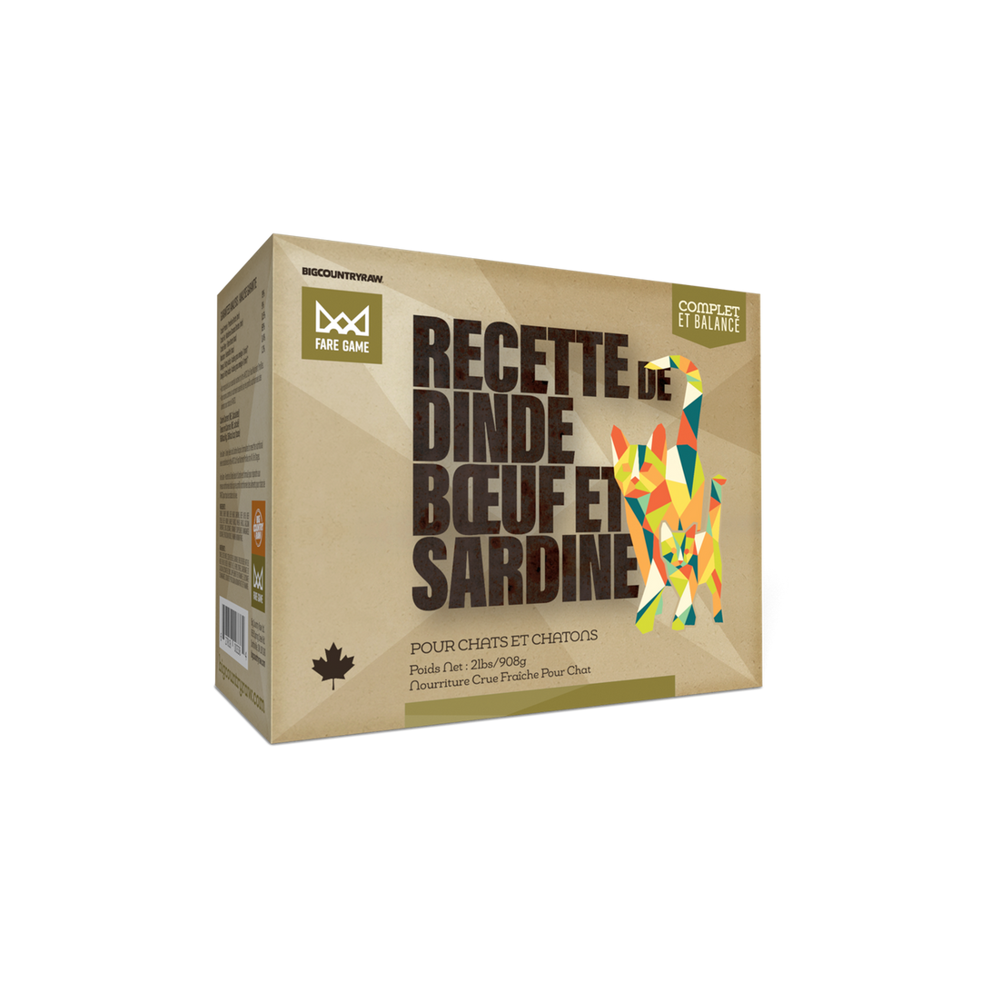 Big Country Raw Fare Game - Dinde, Sardine et Boeuf - Nourriture Crue Congelée pour Chats